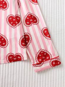 Setelan Piyama Wanita Motif Garis-Garis dan Hati, 2 Potong, Atasan Lengan Panjang dengan Kerah dan Celana Panjang Pinggang Elastis, Pakaian Santai yang Lembut - Merah - View 5