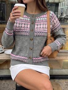 Women's Fall Winter Grey Fair Isle Knit Cardigan, Round Neck Single Breasted Long Sleeve, Retro Geometric Pattern Cropped Sweater Coat For Daily Wear - Grey - View 8