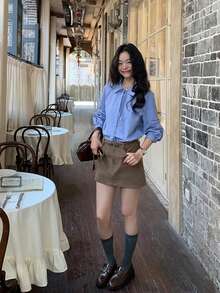 Blue Bowknot Striped Long Sleeve Blouse For Women, Elegant Top - Blue - View 9