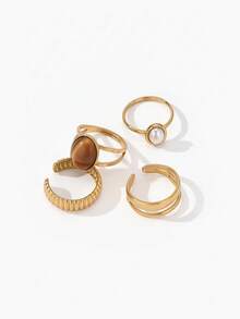 Vandermere 4pcs Fashion Vintage Stainless Steel Gold-Plated Old Money Style Geometric Oval Line Rings Set Suitable For Women's Daily Wear - Yellow Gold - View 6