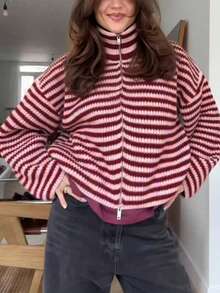 女款時尚條紋拼接配色拉鍊長袖針織開襟衫 - 紅色 - 查看 4