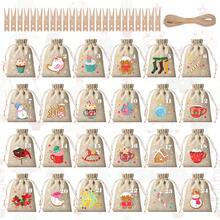 CARRIECUR 24Pcs Christmas Advent Calendar Bags, Simple Color Block Xmas Elements Linen Drawstring Gift Pouches With Number Print, Wooden Clothespins & Jute Twine, DIY Xmas Countdown Candy Treat Gift Sacks - View 17