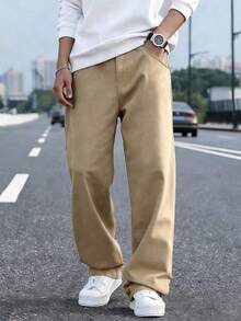 Teen Boy Loose Outdoor Sports Training Solid Color Height-Enhancing Straight Leg Pants - Khaki - View 3