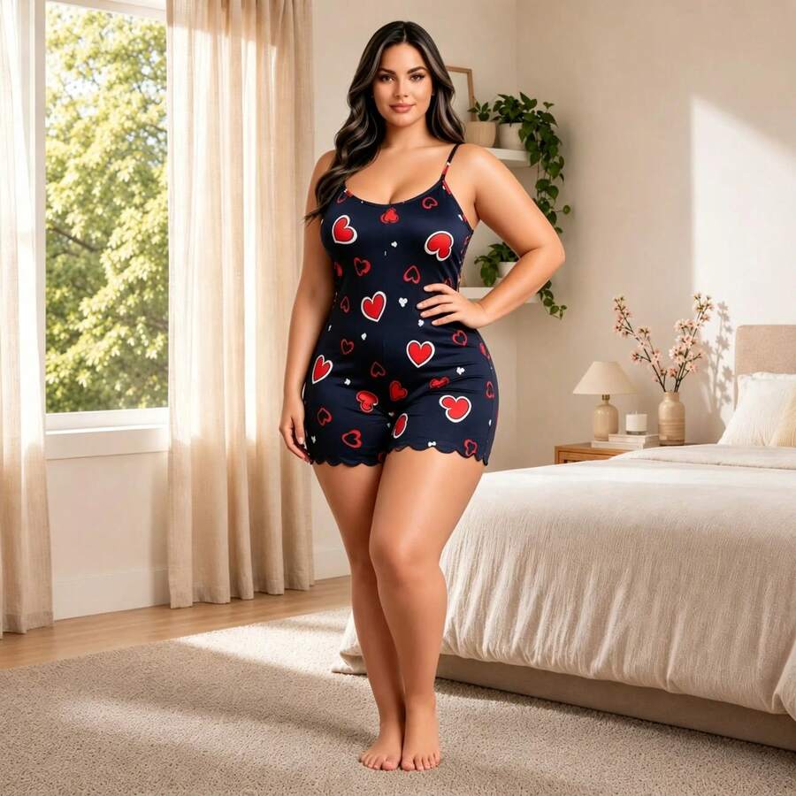 Women's Plus Size Suede Camisole Romper Pajamas Printed Comfort And Style For Your Nights - 藏蓝色 - 查看 1