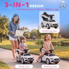 QABA 3 In 1 Toddler Push Car, Licensed -Benz Sliding Walking Car With Push Handle, Canopy, Guardrails, Horn, Music, Foot-To-Floor Ride On Toy For 18-36 Months, White - White - View 3