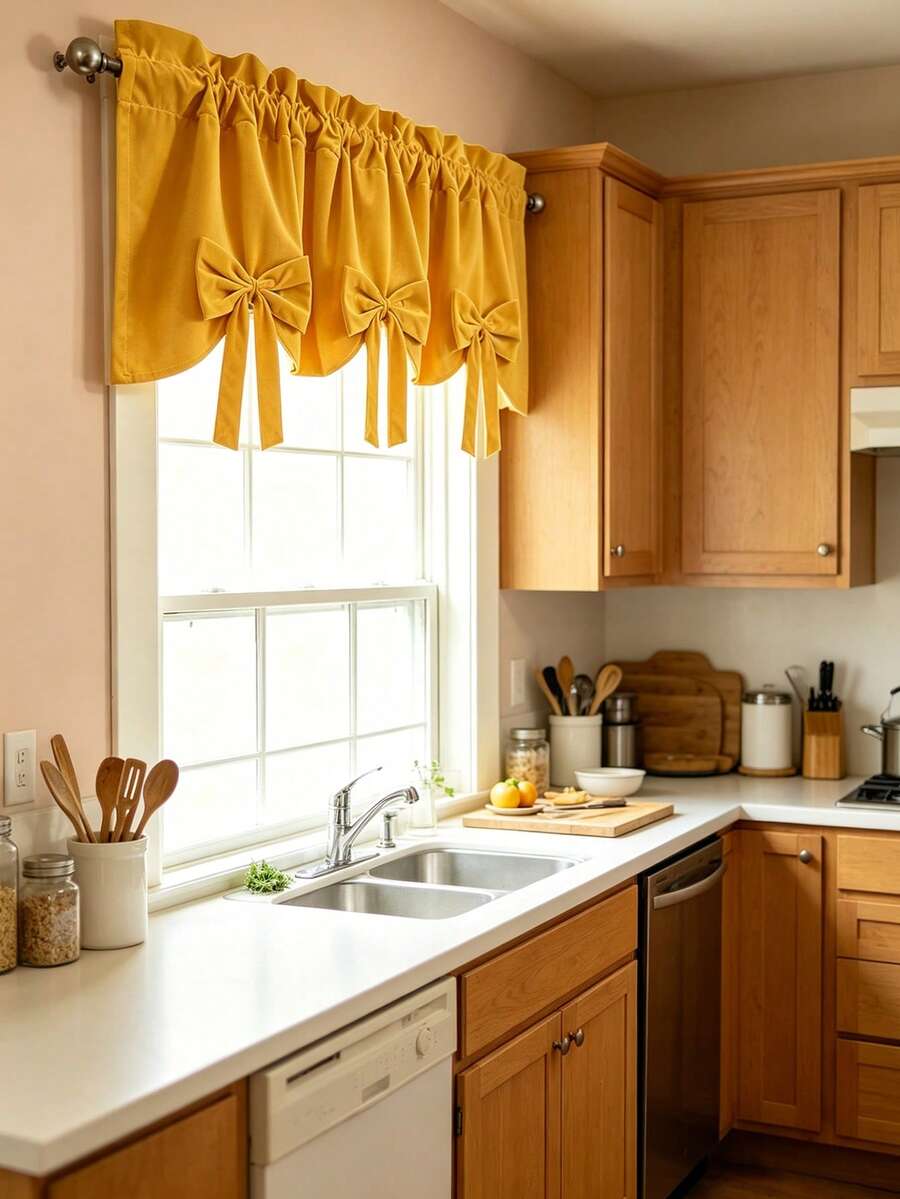 1PC New Red Bow Velvet Designer Decorative Small Window Curtain, Light-Filtering Kitchen Curtain For Multiple Uses, Rod Pocket Design, Fresh Style Finished Short Curtain - Gold - View 1