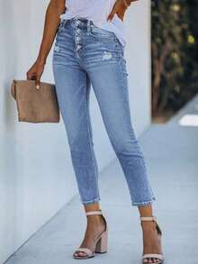 Stretchy Single-Breasted Women's Denim Skinny Casual Pants Spring Fall - Light Wash - View 5