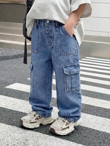 Boys Dual Side Large Pockets Cargo Wide Leg Denim Jeans Autumn Fashion Semi-Elastic Waist Washed Casual Straight Leg Long Pants - Medium Wash - View 8