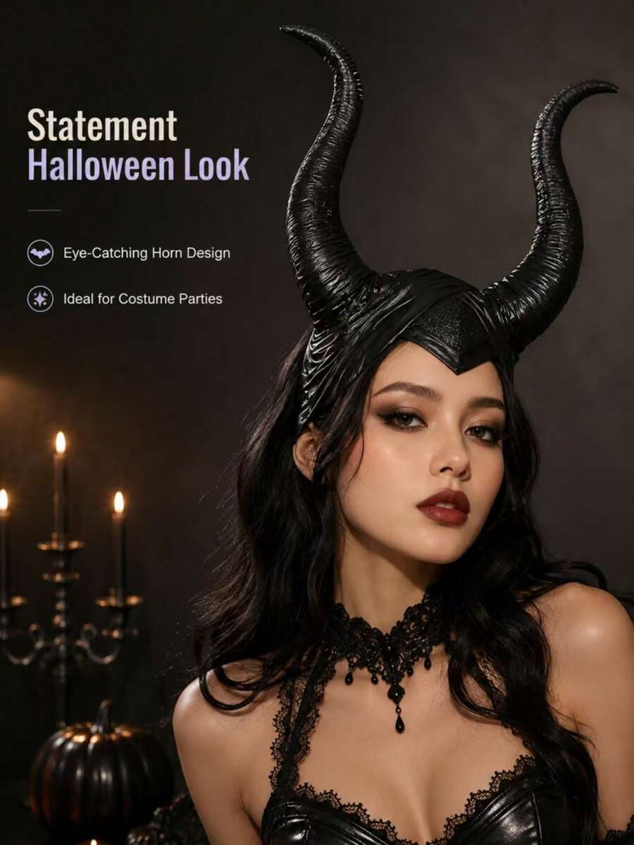 1PCHalloween Black Devil Horn Headpiece, Gothic Demon Costume Headband For Women, Halloween Party Cosplay Accessory - View 1