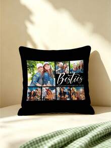 1pc Black Background Multi-Photo Layout DIY Customized Best Friend Portrait English Text Pillowcase, Best Friend Memory Image Collage Cushion Cover, Exclusive Keepsake Pillowcase For Best Friend, Living Room Sofa Bedroom Bed Head Decor Lumbar Pillowcase, Pillow Insert Not Included - Multicolor - View 4