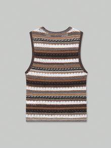 ACKCER Women's Spring/Autumn Mixed Brown & White Horizontal Striped Hollow Round Neck Fitted Sleeveless Knit Vest - Multicolor - View 7