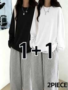 Setelan 2 Potong Kaos Lengan Panjang Wanita Musim Gugur/Dingin, Longgar, Minimalis, Serbaguna, Warna Polos - Hitam + Putih - View 4