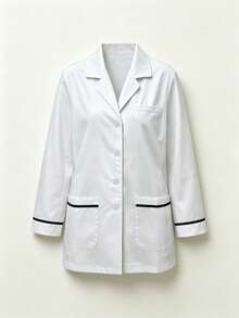Contrast Color Lapel Long Sleeve Multi-Pocket White Lab Coat, Women's All-Season Professional Fashion Commute Work Jacket, Laboratory Beauty Salon Work Uniform Top - White - View 1