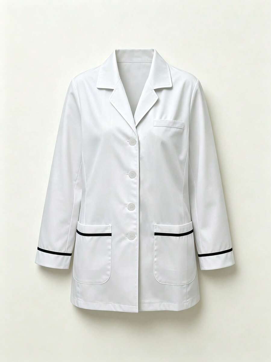 Contrast Color Lapel Long Sleeve Multi-Pocket White Lab Coat, Women's All-Season Professional Fashion Commute Work Jacket, Laboratory Beauty Salon Work Uniform Top - White - View 1
