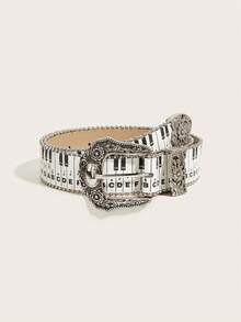 1pc Women's Piano Key Embossed Western Cowgirl Style Heavy Beaded Buckle Fashion PU Belt Suitable For Daily Use - Black and White - View 1