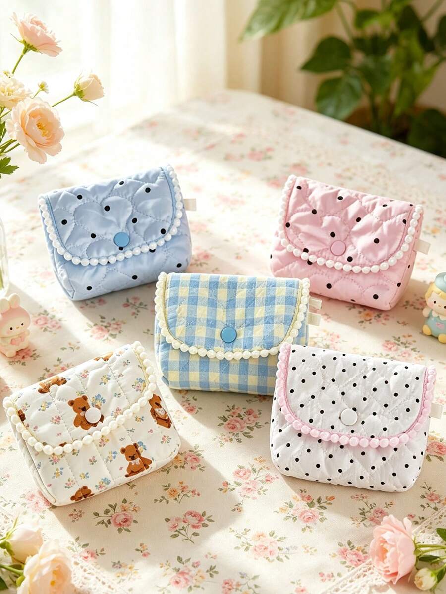 Cute Quilted Coin Purse Women's Earphone Storage Pouch Small Storage Bag Sweet Dot & Plaid Bear Pattern Pouch For Earbuds Lipstick Small Accessories - Multicolor - View 1