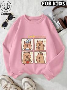 Tween Girl Crew Neck Sweatshirt, Cartoon Capybara Four Grid Panel Graphic Print Soft Pullover For Tween Girl - Pink - View 1