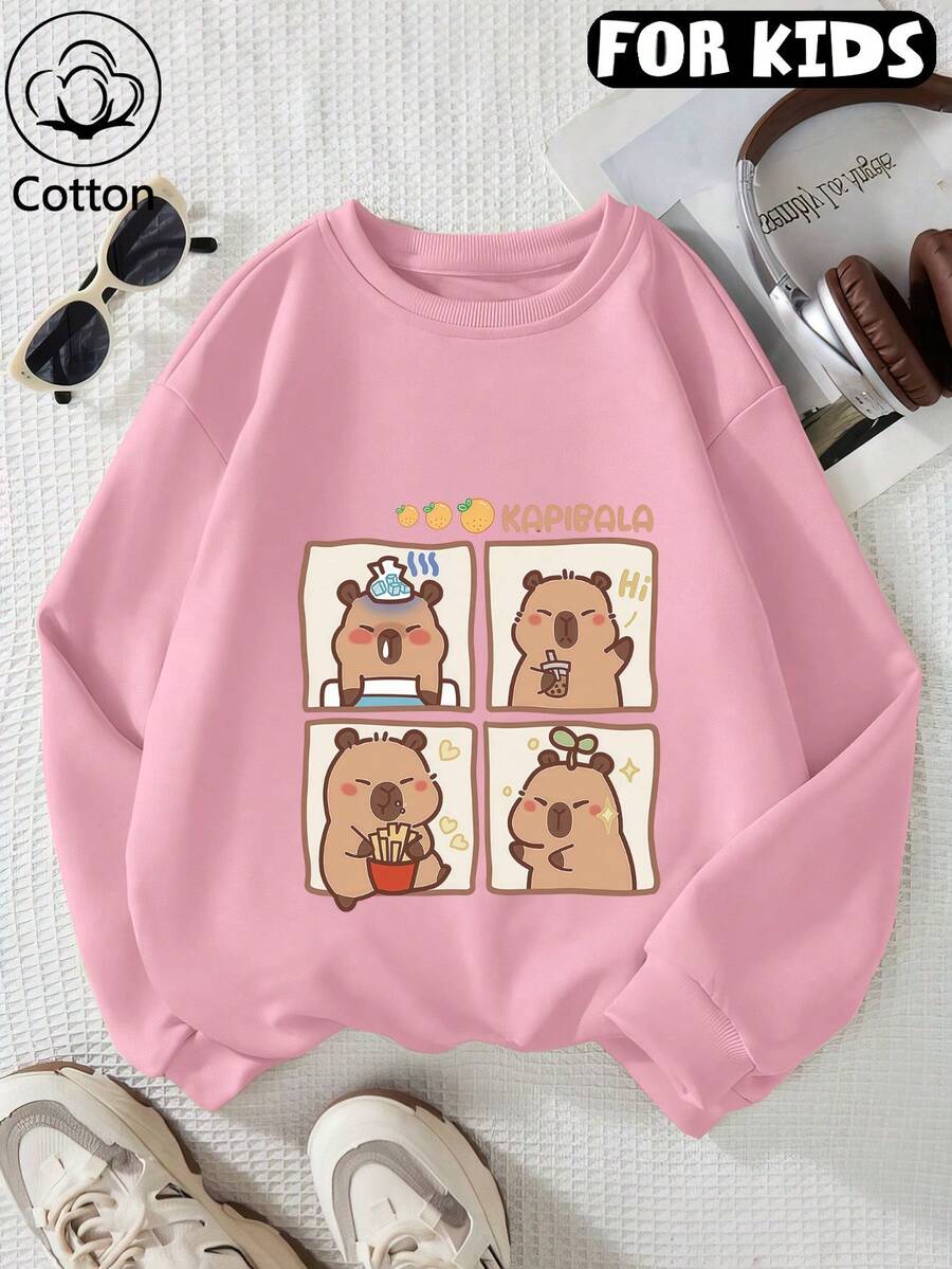Tween Girl Crew Neck Sweatshirt, Cartoon Capybara Four Grid Panel Graphic Print Soft Pullover For Tween Girl - Pink - View 1