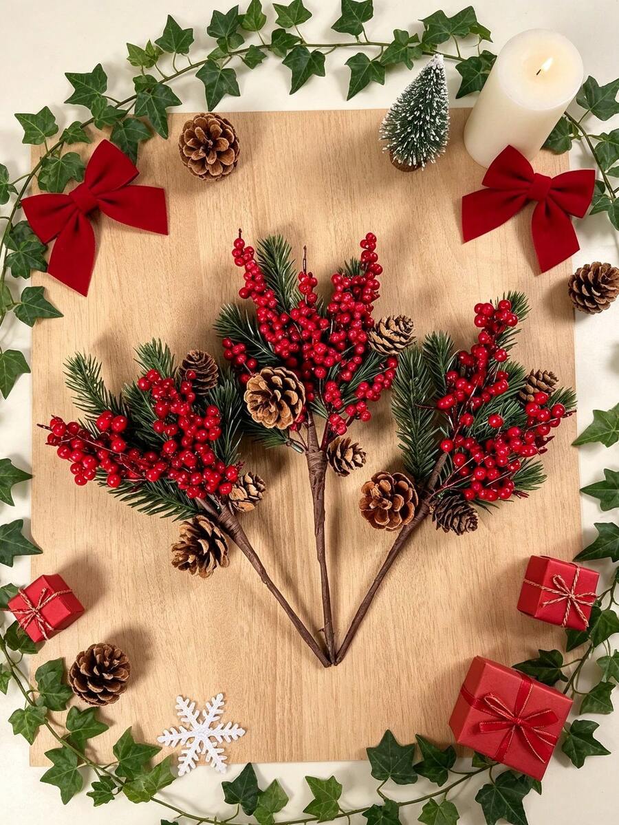 1/3/40pcs Artificial Red Berry Pine Branches, Faux Plants, Suitable For Christmas Decor, Home Decor, Wedding Decor, Tabletop Centerpiece, Back To School Season And Gifts For Girls - Red+Green 5 - View 1