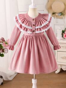 Young Girl Corduroy Sweet Style Dress, Round Neck, Multi-Layer Ruffle Collar With White Lace Trim, Front Center 3 Brown Buttons, Waisted Design, Bell Sleeves, Suitable For Casual Daily, Birthday Party, Preschool Activities Etc. Autumn/Winter - Red Violet - View 2