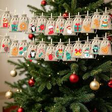 CARRIECUR 24Pcs Christmas Advent Calendar Bags, Simple Color Block Xmas Elements Linen Drawstring Gift Pouches With Number Print, Wooden Clothespins & Jute Twine, DIY Xmas Countdown Candy Treat Gift Sacks - View 10