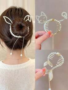 1pc Faux Pearl Tassel Hair Clip, Cute Bunny Wing Ponytail Holder, Princess Hair Accessory, Birthday Festival Gift - Multicolor - View 2
