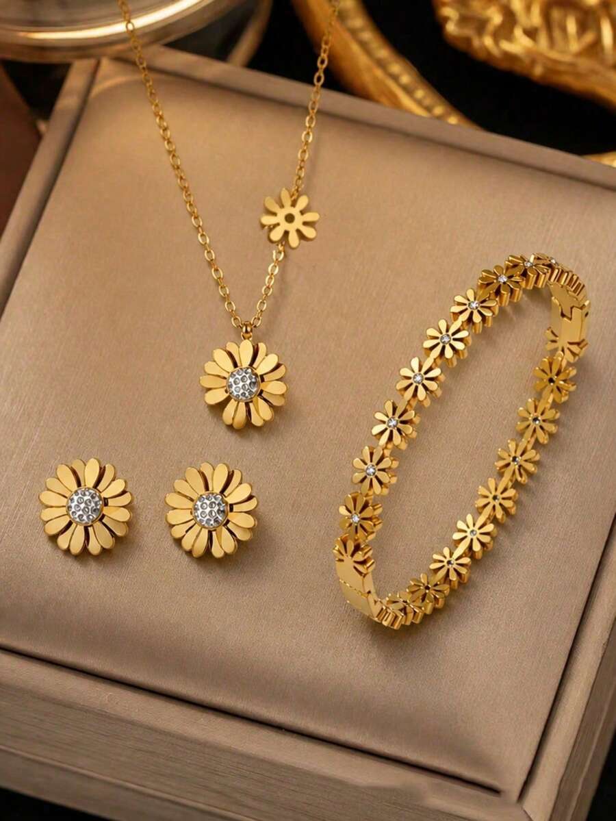 VceTd 1/2/3/4PCS Romantic Vacation Style Stainless Steel Women's Jewelry Set With Glass Inlaid Sunflower Decoration, Suitable For Women's Daily Wear Or Vacation Wear Or Holiday Gift - Yellow Gold - View 1
