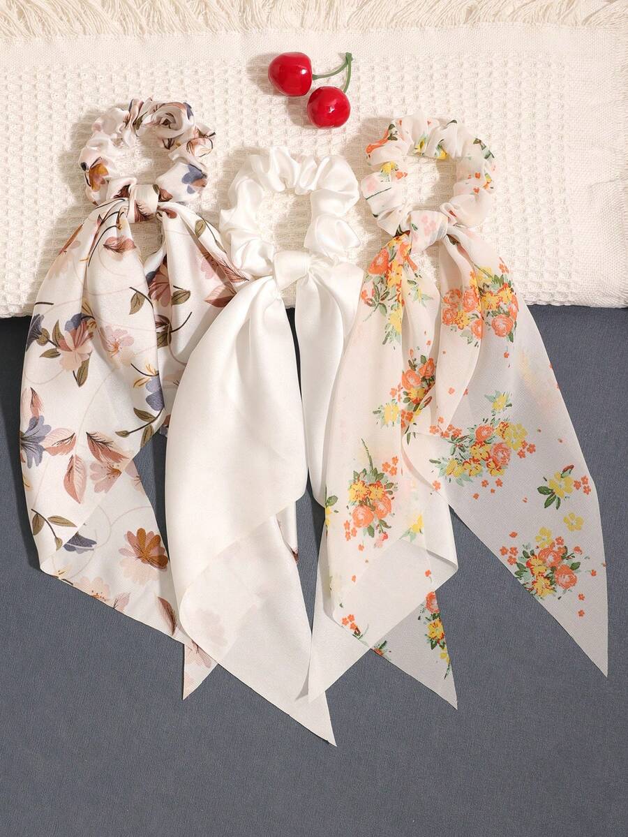 3pcs Set Satin White Solid Color Oil Painting Triangle Scarf Long Tail Hair Accessory