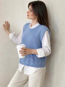 Wixra Women's Crew Neck Cable Knit Sleeveless Sweater Vest, Loose Fit Solid Knit Waistcoat Top - Dusty Blue - View 6