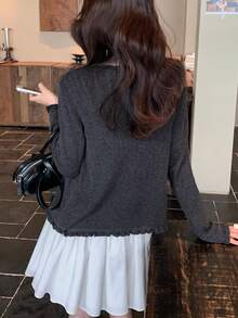 Spring/Autumn Frill Trim Knit Cardigan & Striped Camisole 2 Pieces Set, Slimming Layered Outfit For Women, Versatile Style - Dark Grey - View 2
