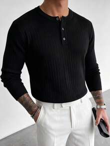 Men's Classic Ribbed Henley Collar Long Sleeve Sweater, Business/Casual Daily Essential Sweater - Black - View 4