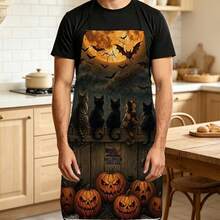 1pc Halloween Cats & Bats Print Apron, Featuring Full Moon, Cats Sitting On Wooden Fence, And Spider Web Pattern, Durable Cooking Apron Suitable For Bakers, Cake Decorators, Pet Groomers, Painters, Nail Artists - Personalized Gift For Home And Professional Chefs - Multicolor - View 5