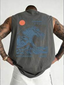 Men's Summer Fashion Versatile Street Style Wave Print Crew Neck Tank Top T-Shirt - Dark Grey - View 1