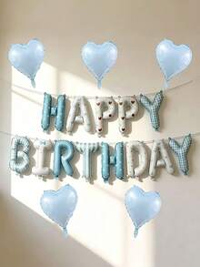 1/5/6件組藍白Happy Birthday字母氣球套組，波點格子條紋鋁箔氣球含愛心，男嬰寶寶迎新派對與周歲生日派對裝飾 - 藍色 - 查看 3