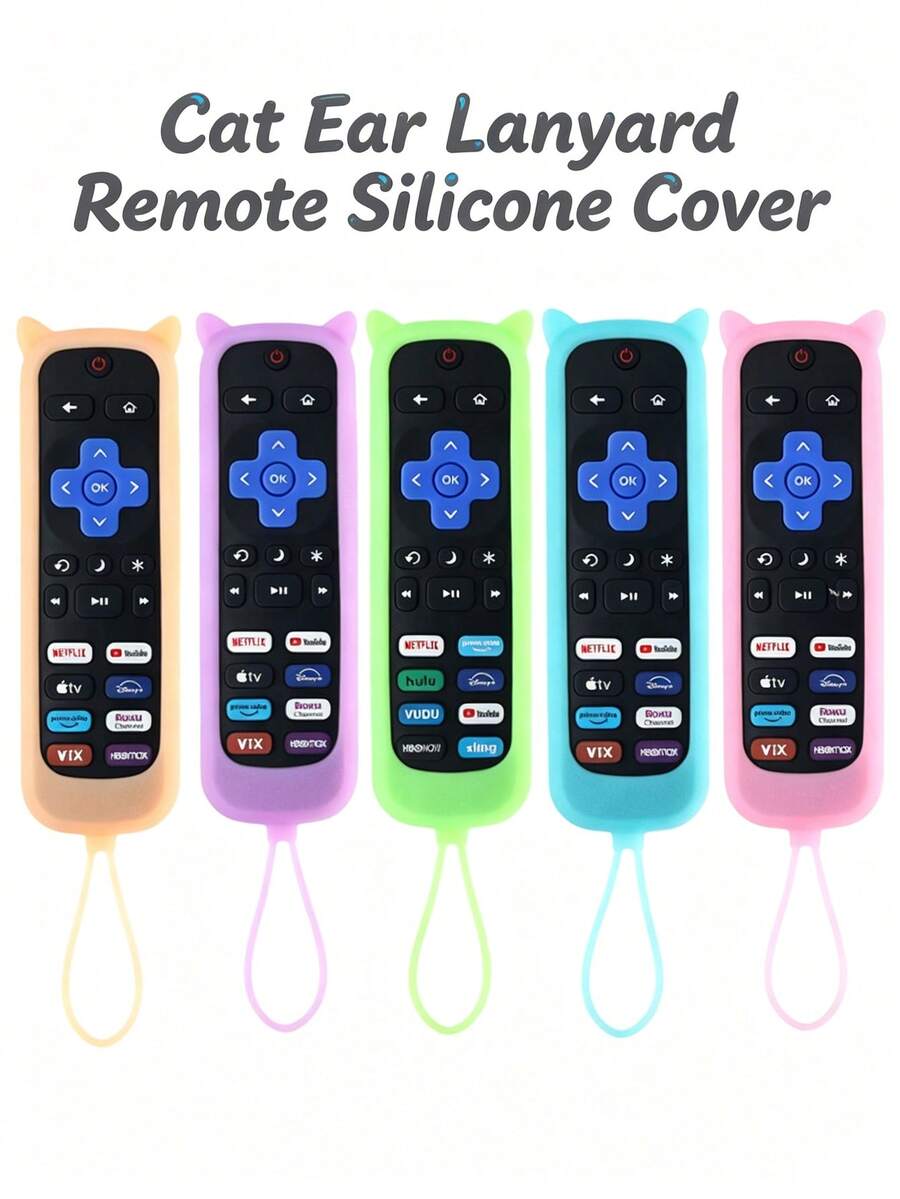Funda protectora de silicona con forma de orejas de gato para control remoto, funda de silicona de unicolor con brillo anti-pérdida para control remoto, incluye gancho, cordón incorporado, adecuada para control remoto de TV - multicolor - Ver 1