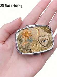 Square Metal Portable Jewelry Box With Classical Sun And Moon Patterns, 2-Compartment Organizer, Vintage Pattern Jewelry Storage Box, Suitable For Vitamins, Earrings, Rings, Travel Bag Pocket Storage, Ideal For Daily Use, Weekend Trips, Wedding Occasions, Outdoor Carry, Birthday, Bridesmaid, Jewelry Lover Gifts - Multicolor - View 10