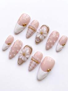10pcs Handmade Medium Almond Shaped Press-On False Nails, White Swirl French Tip With 3D Bridal Pearl Floral Design, Removable And Reusable Manicure Set (Includes Jelly Glue And Nail File) - White - View 4