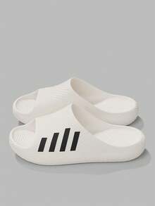Black & White Minimalist Men's Casual Summer Open Toe Slippers, EVA Soft Sole Cloud-Feel Bathroom Slides - White - View 5
