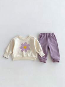 Miniweenns 2pcs/Set Baby Girl Casual Colorblock Large Floral Print Long Sleeve Sweatshirt Set, Autumn - Multicolor - View 16