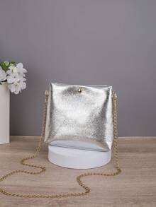 Damen Metallic Crackle Polyester Ketten Umhängetasche, modische Perlen Dekor Schultertasche, Gold Silber Farboptionen, lässige tägliche Party Handtasche - Gold - Übersicht 11