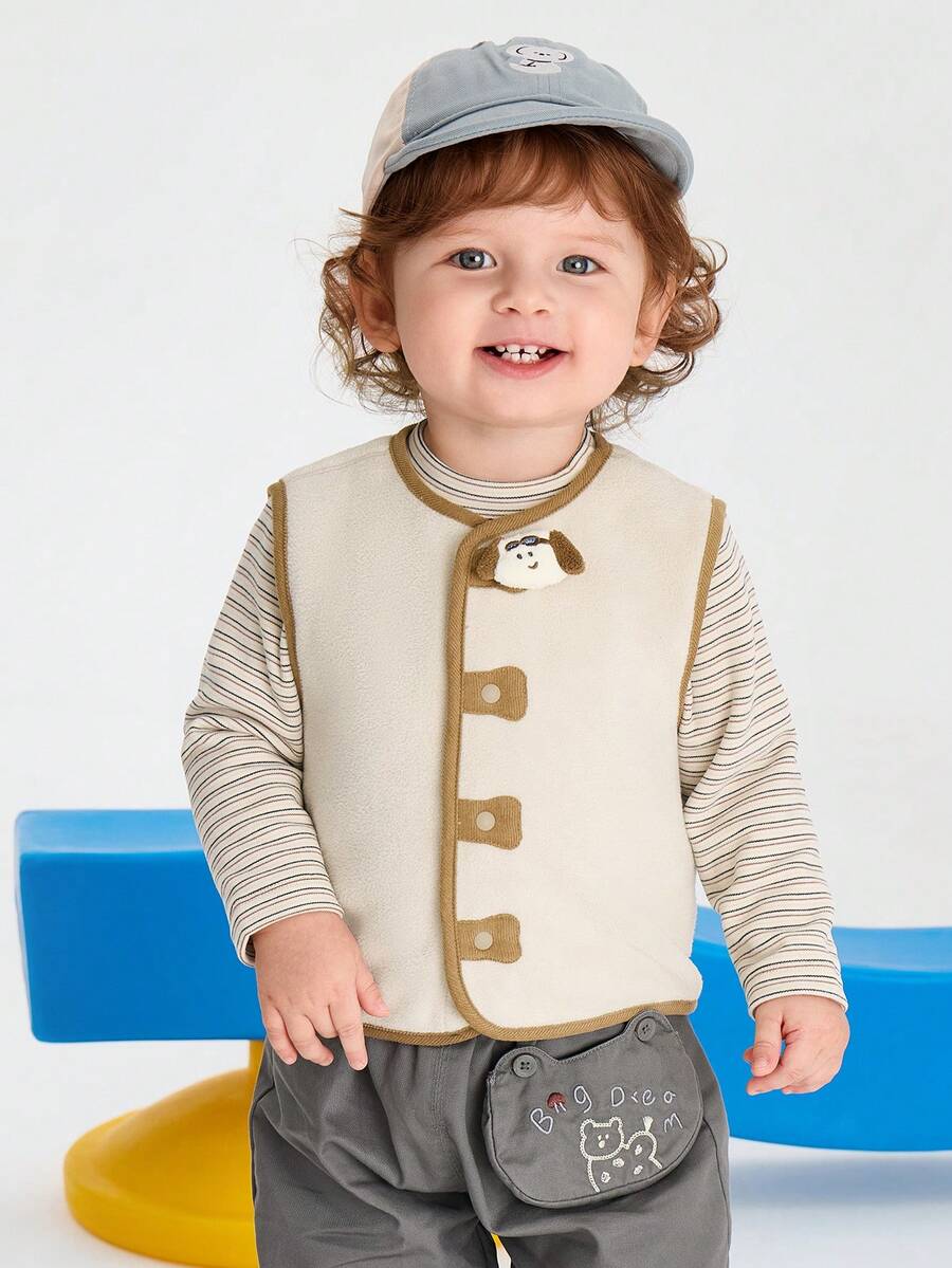 Balabala Baby Boys Vest With Cute Cartoon Decor Belly‑Protecting Outer Waistcoat For Autumn Winter - Light Khaki - View 1