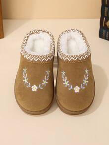 女童刺繡時尚居家拖鞋，室內/室外防滑，秋冬保暖內裡厚底包頭保暖拖鞋 - 棕色 - 查看 2