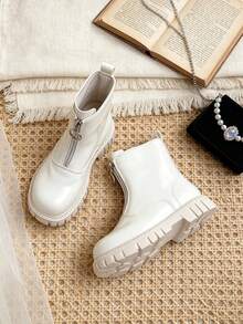 1 Pasang Sepatu Bot Pendek Anak-Anak Berkilau dengan Resleting Depan, Sepatu Bot Ankle Ujung Bulat Bergaya Vintage, Cocok untuk Pemakaian Sehari-hari dan Penataan Busana, Cocok untuk Aktivitas Luar Ruangan, Cocok untuk Musim Gugur/Dingin - Krem - View 6