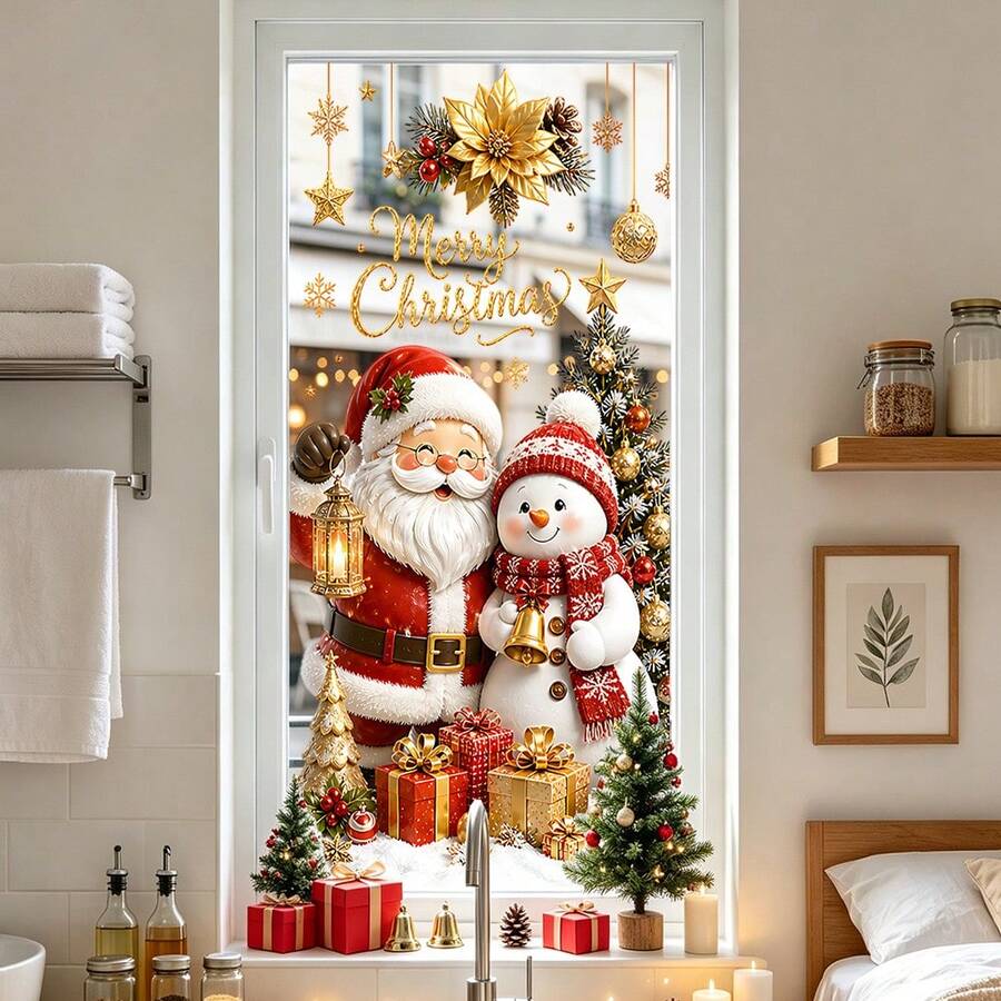 1pc Christmas Santa Sleigh Window Decal, Cartoon-Style Christmas Santa And Snowman Happy Christmas Glass Decal, Reusable Window Decal, Suitable For Christmas Decoration In Living Room During Winter Season - Multicolor - View 1