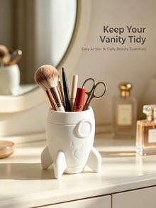Aesthetic Rocket‑Shaped Makeup Storage Box, Vanity Cosmetic Tool Organizer Cup, Bathroom Skincare Storage Pot, Holder For Lipsticks & Small Makeup Accessories, Ins‑Style Table Home Decoration - Multicolor - View 5