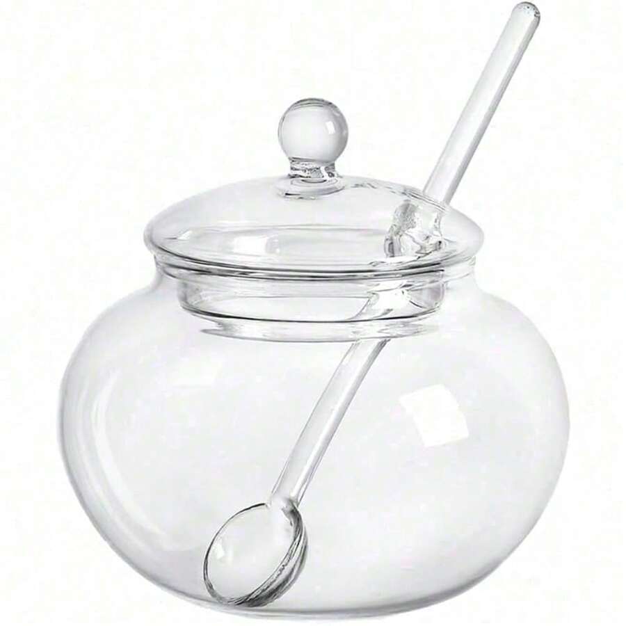 Glass Honey Pot Honey Jar With Spoon Lid Cover Honey Bottles Honey Container Dispenser Ketchup Container Sauce Jar For Oil Sauces Vinegar - Clear - View 1