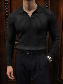 Men's Textured Vertical Ribbed Polo Collar Knit Sweater, Black, Premium Business Style, Long Sleeve, Autumn/Winter, Layering Base Layer - Black - View 5