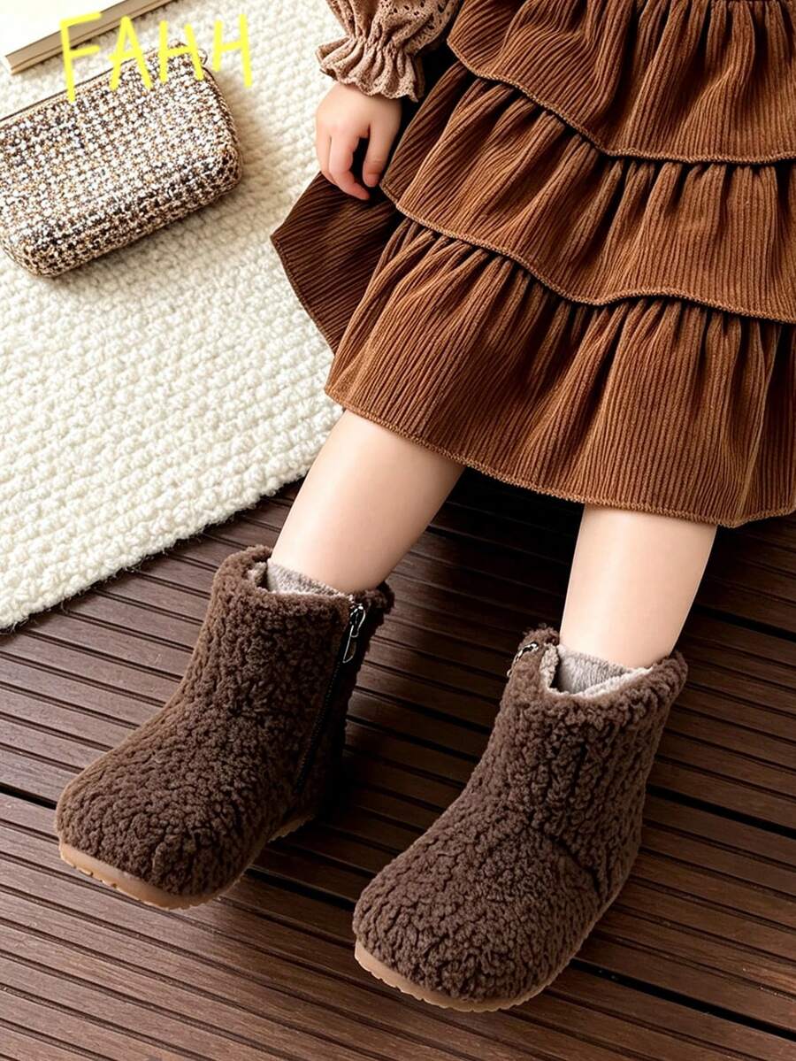1 Pair Kids Soft Plush Short Boots, Simple Side Zipper Round Toe Ankle Boots, Suitable For Home Wear, Suitable For Casual Walking, Suitable For Autumn/Winter - Brown - View 1