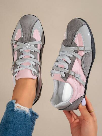 Women's Casual Fashion Retro Colorblock Lace-Up Eye-Catching Durable All-Season Rubber Soft Sole Belt Buckle Decor Breathable Comfortable Sneakers