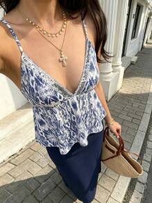 Women's Sequin Decorated All-Over Print Backless Camisole & Solid Color Skirt 2 Pieces Set Elegant Summer - Navy Blue - View 6